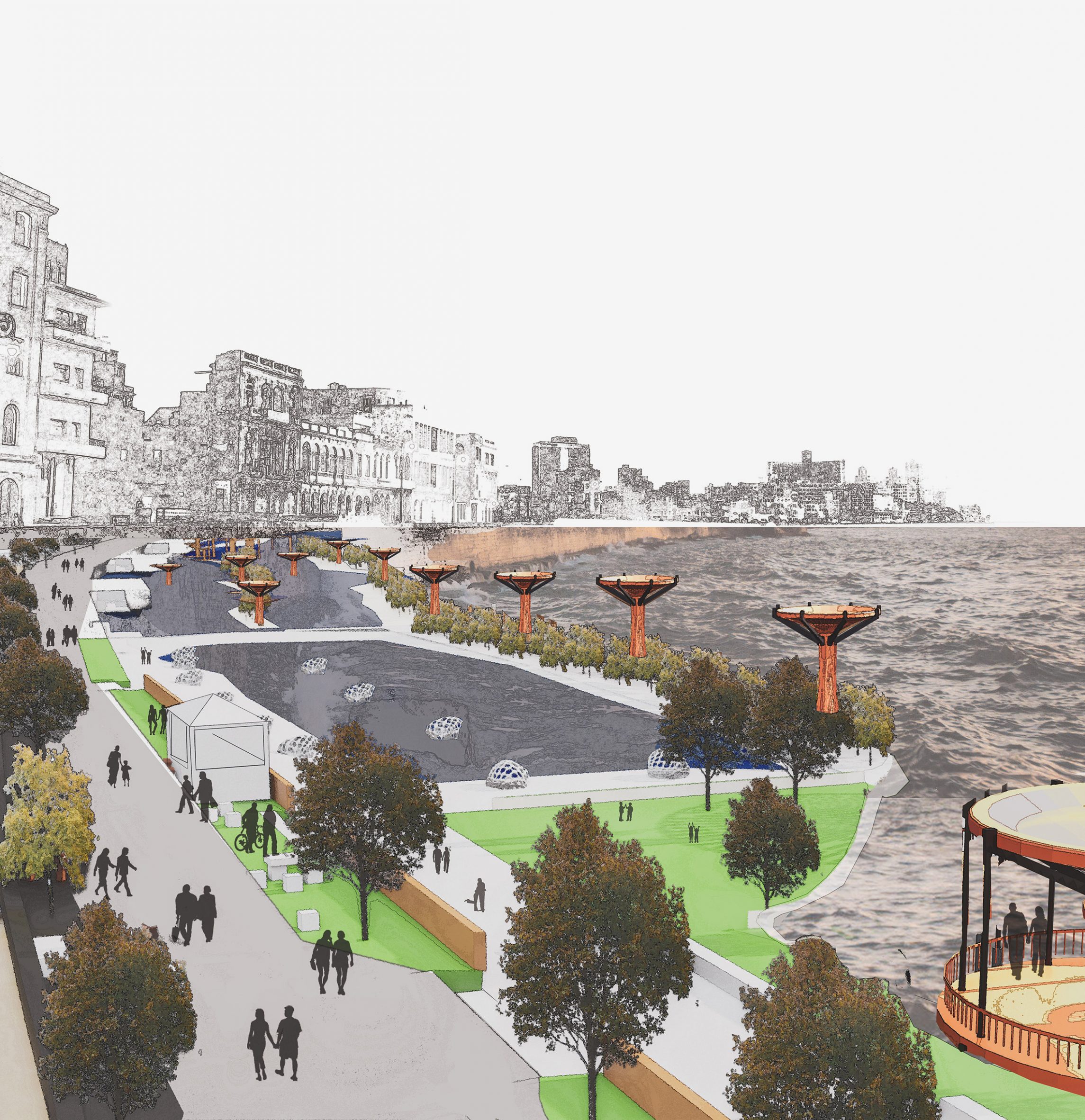 A visualisation of an architectural structure which intends to mitigate the consequences of tsunamis, in tones of grey, orange and green.