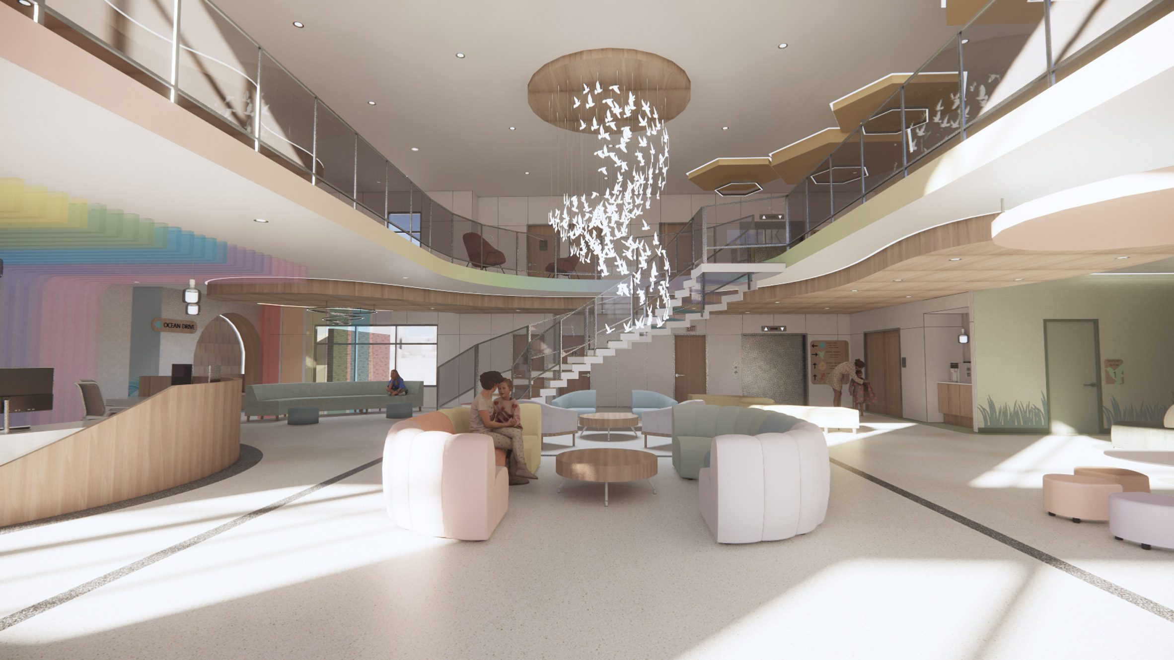 A visualisation of a clinic in tones of white and brown and the colours of the rainbow, with seating throughout.