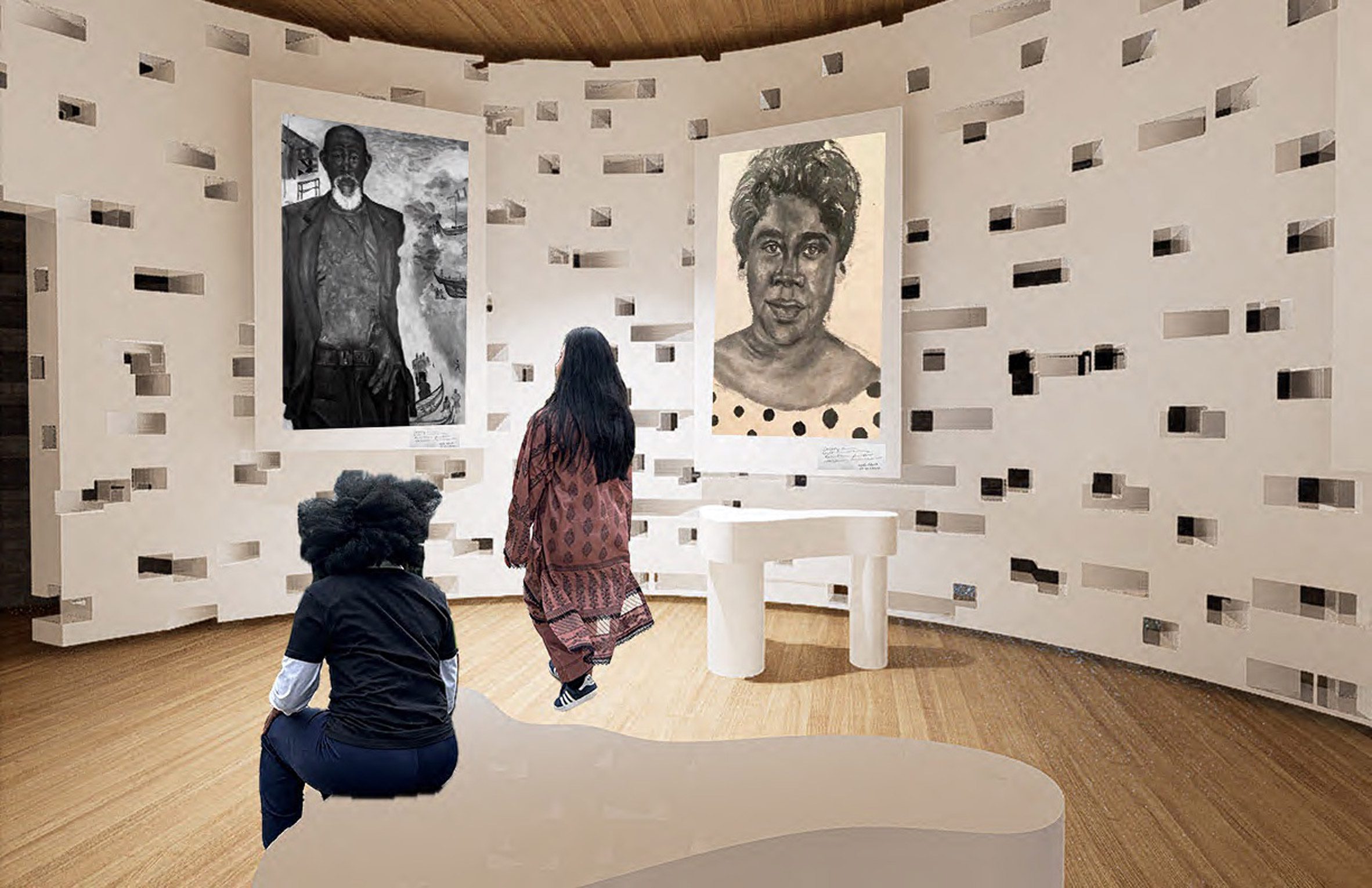 A visualisation of a room in a library in tones of white and brown, with large black and white portraits on the wall and people within the space.