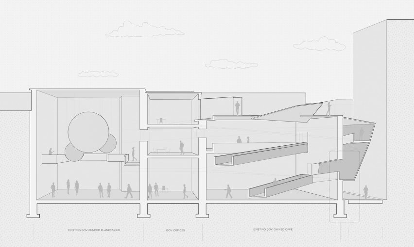 Visualisation of a plaza in Havana, Cuba, in tones of grey.