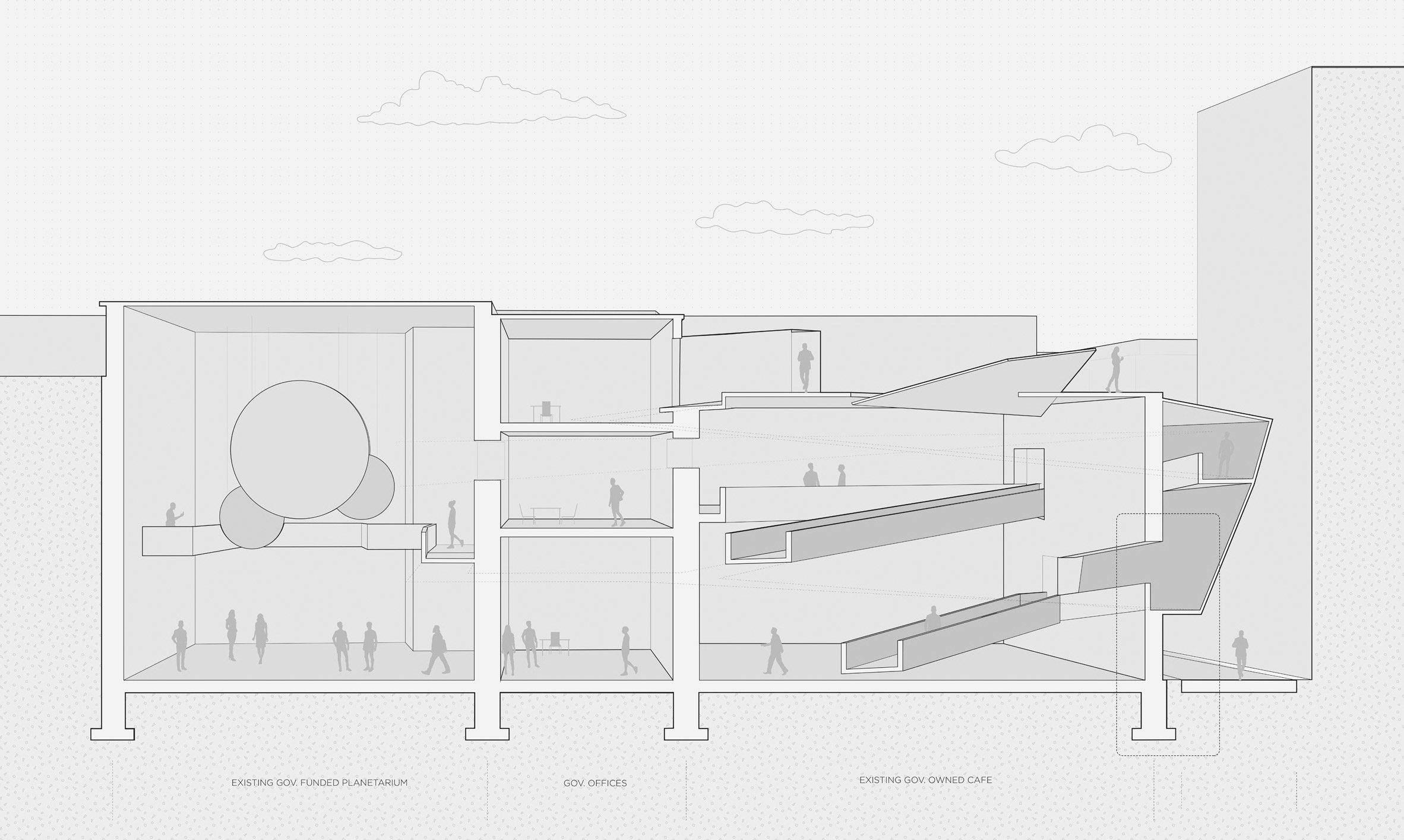 Visualisation of a plaza in Havana, Cuba, in tones of grey.