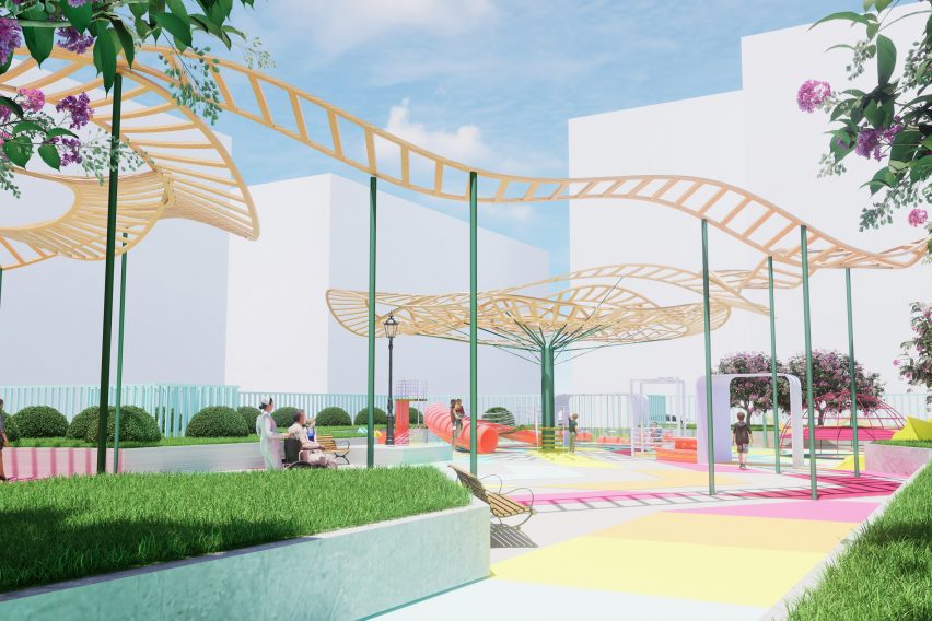 A visualisation of a playground in tones of white, pink, blue and green.