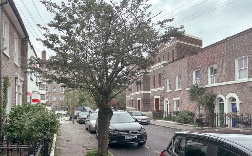 A mixed media visualisation of a street in London, UK, with a house constructed of timber.