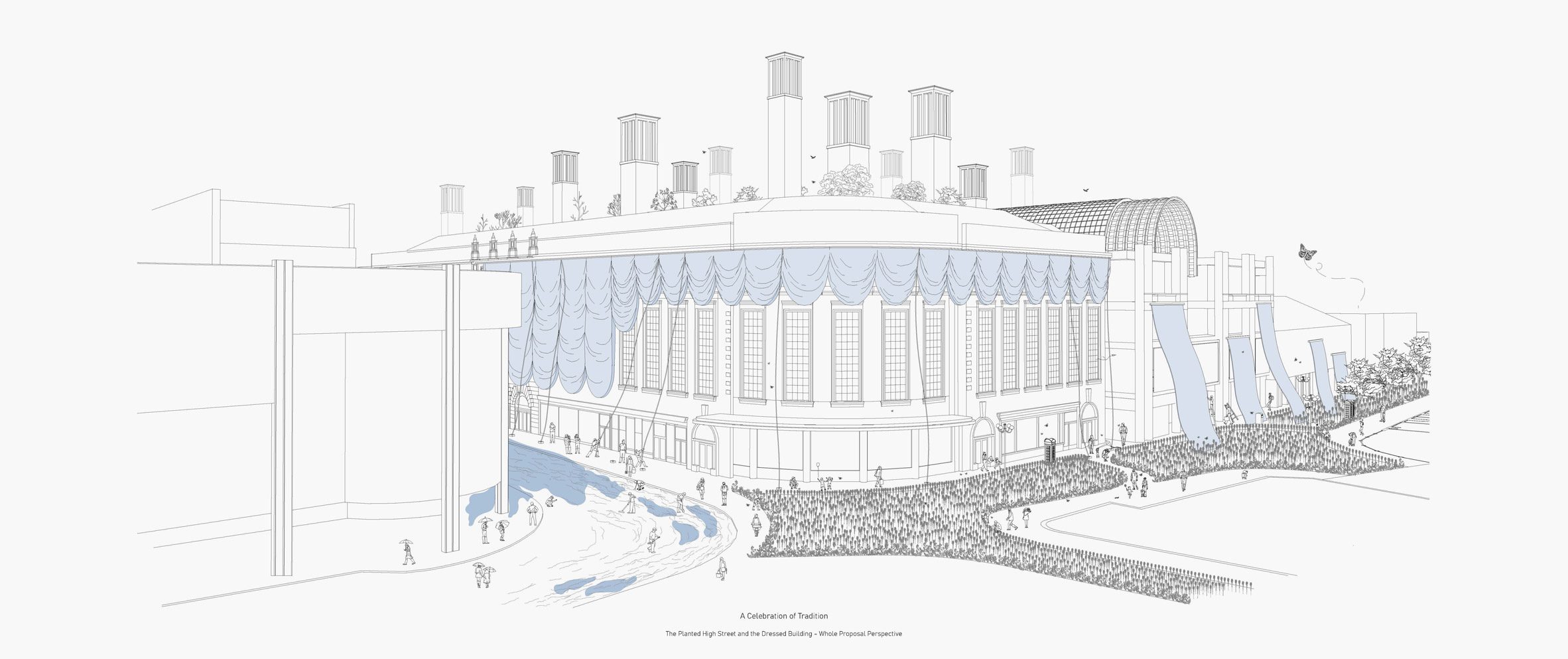 Diagram of a shopping centre in tones of black and blue against a white background, with people and planters surrounding it.