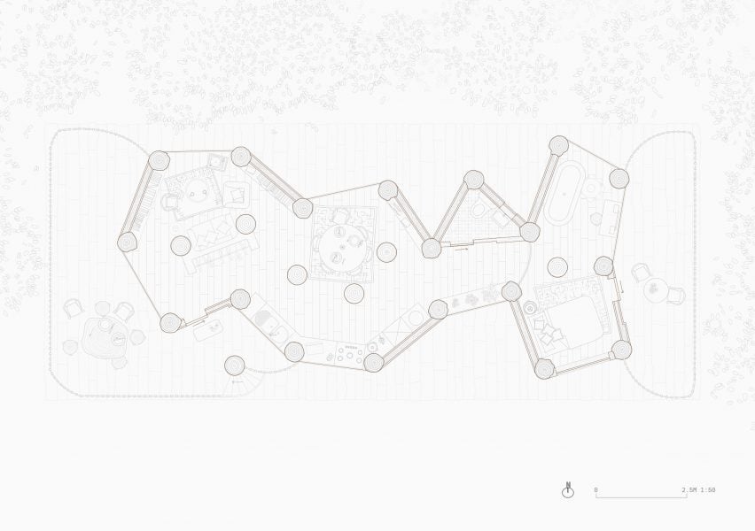 A grey and white map diagram that displays a forest.