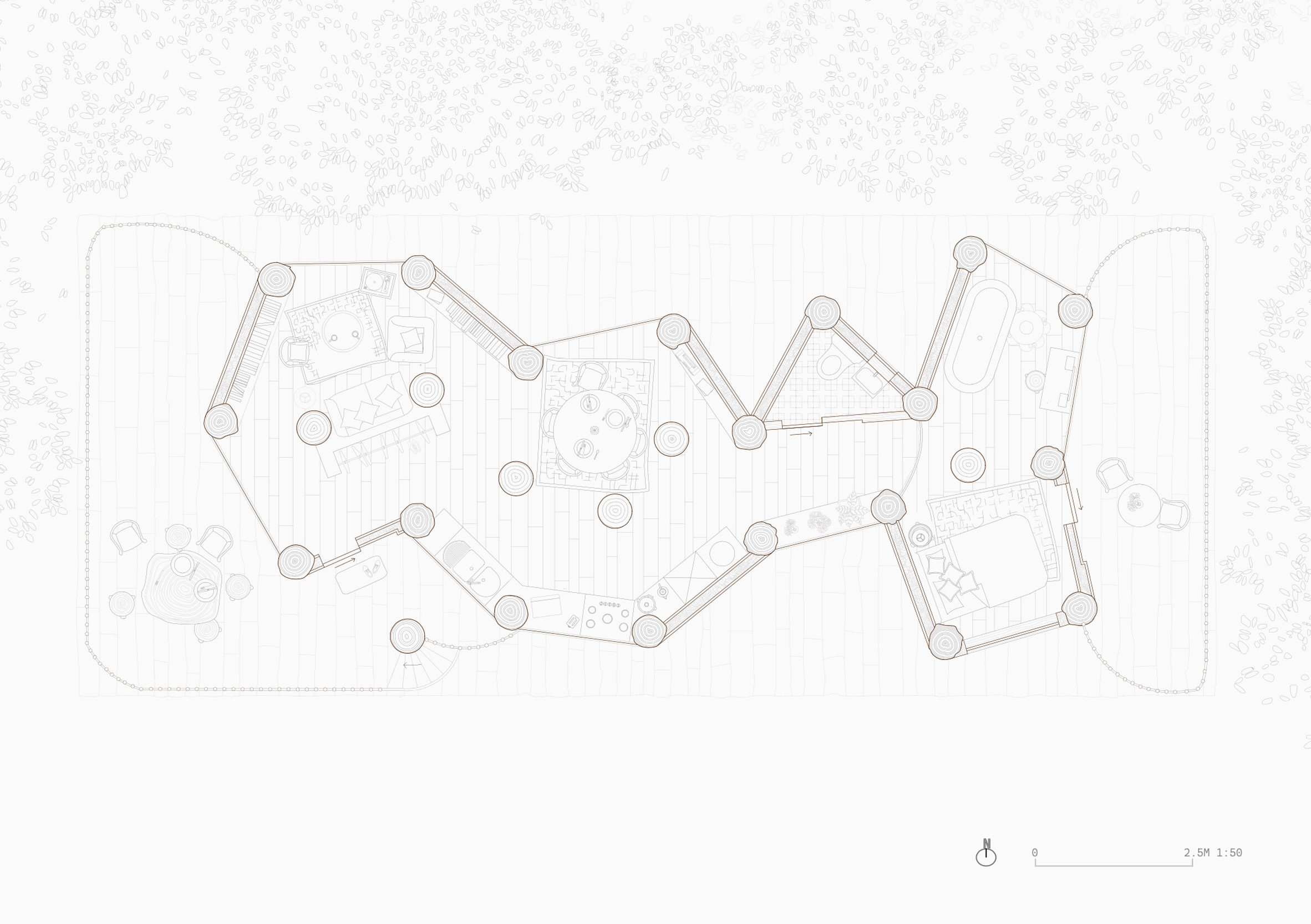 A grey and white map diagram that displays a forest.