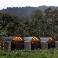 A series of stone buildings in jungle