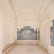 Blue and white mosaic tiles inside old convent