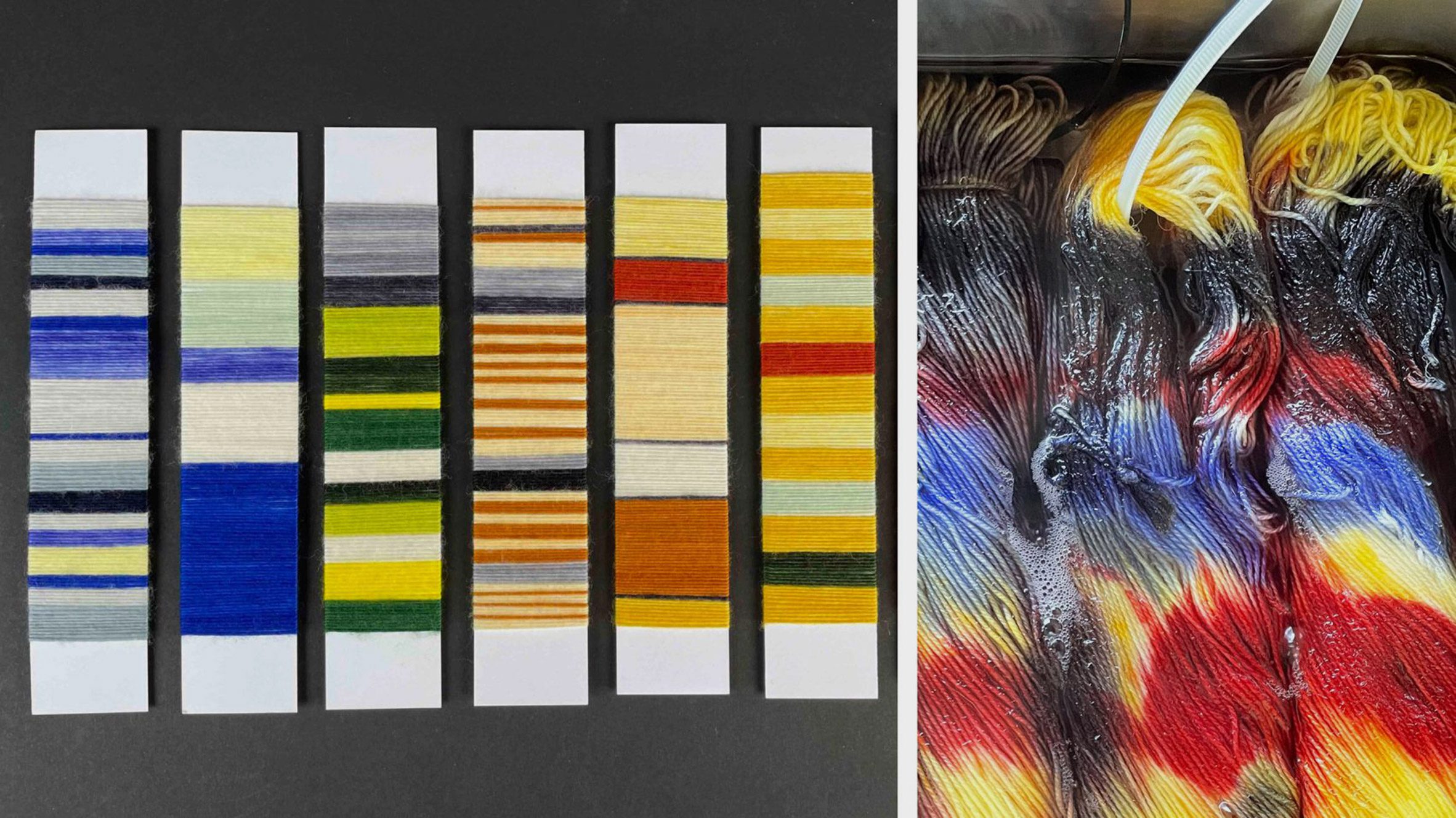 Two photographs adjacent to one another; one displays a collection of yarn in colours of blue, green and yellow; the other showing yarn being dyed tones of red, yellow, blue, brown and black.