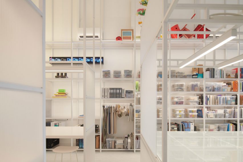 Metal shelving system inside Ministry of Design's studio