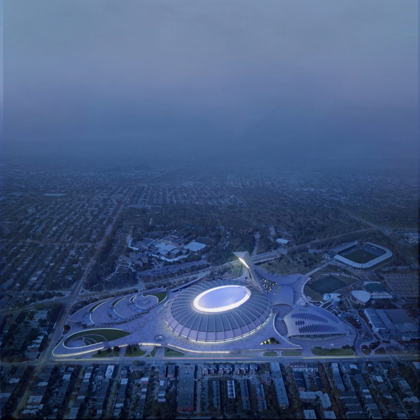 A rendering of a sports stadium at night