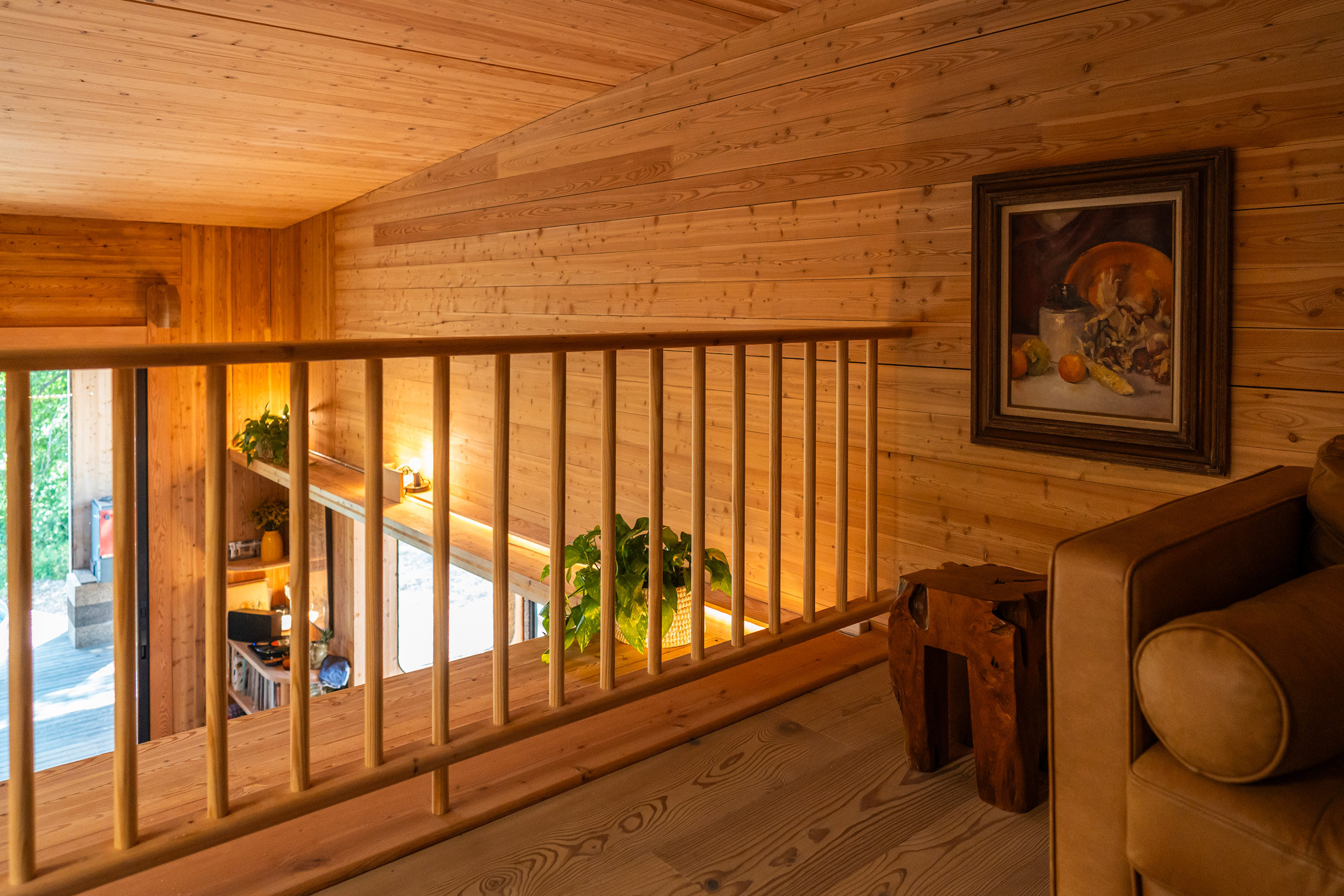 Wood-clad interior of the cabin