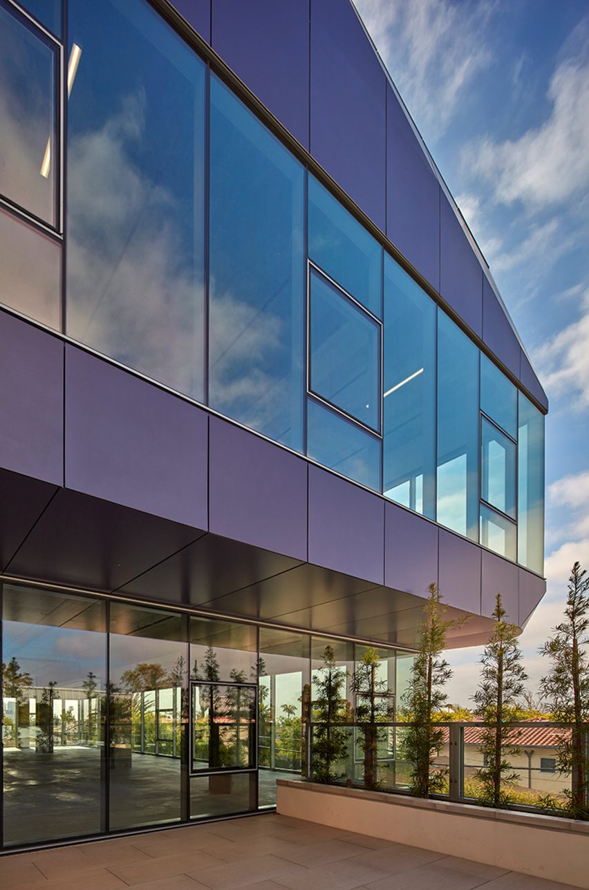 Building detail of purple-metal facade