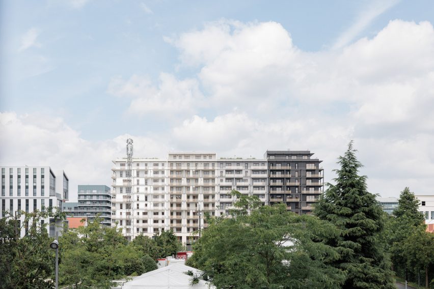 Exterior view of Triptyque-designed Olympic Village housing in Paris