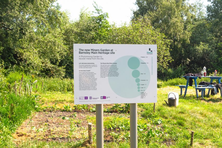 Photo of a sign in front of a green meadow ringed with trees reading "the new Miners Garden at Barnsley Main Heritage site"