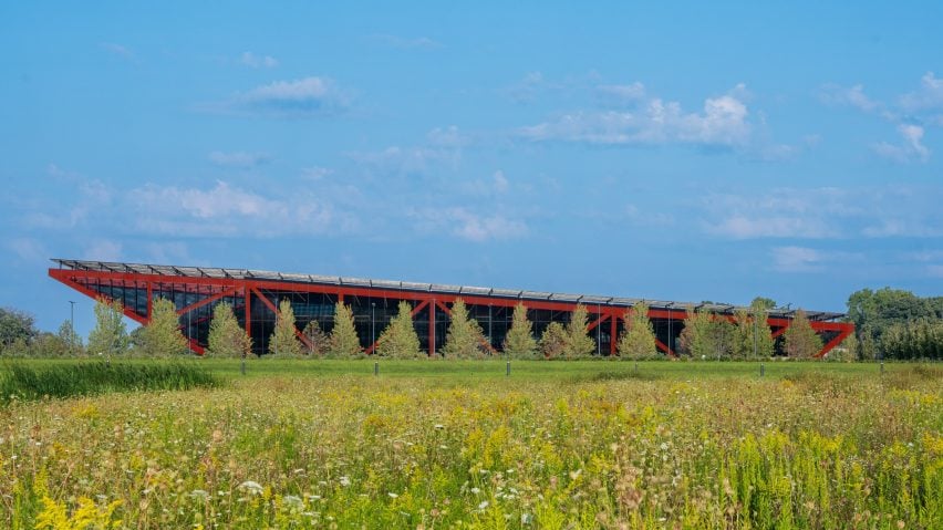 Pritzker Archive seen through tall prairie grasses