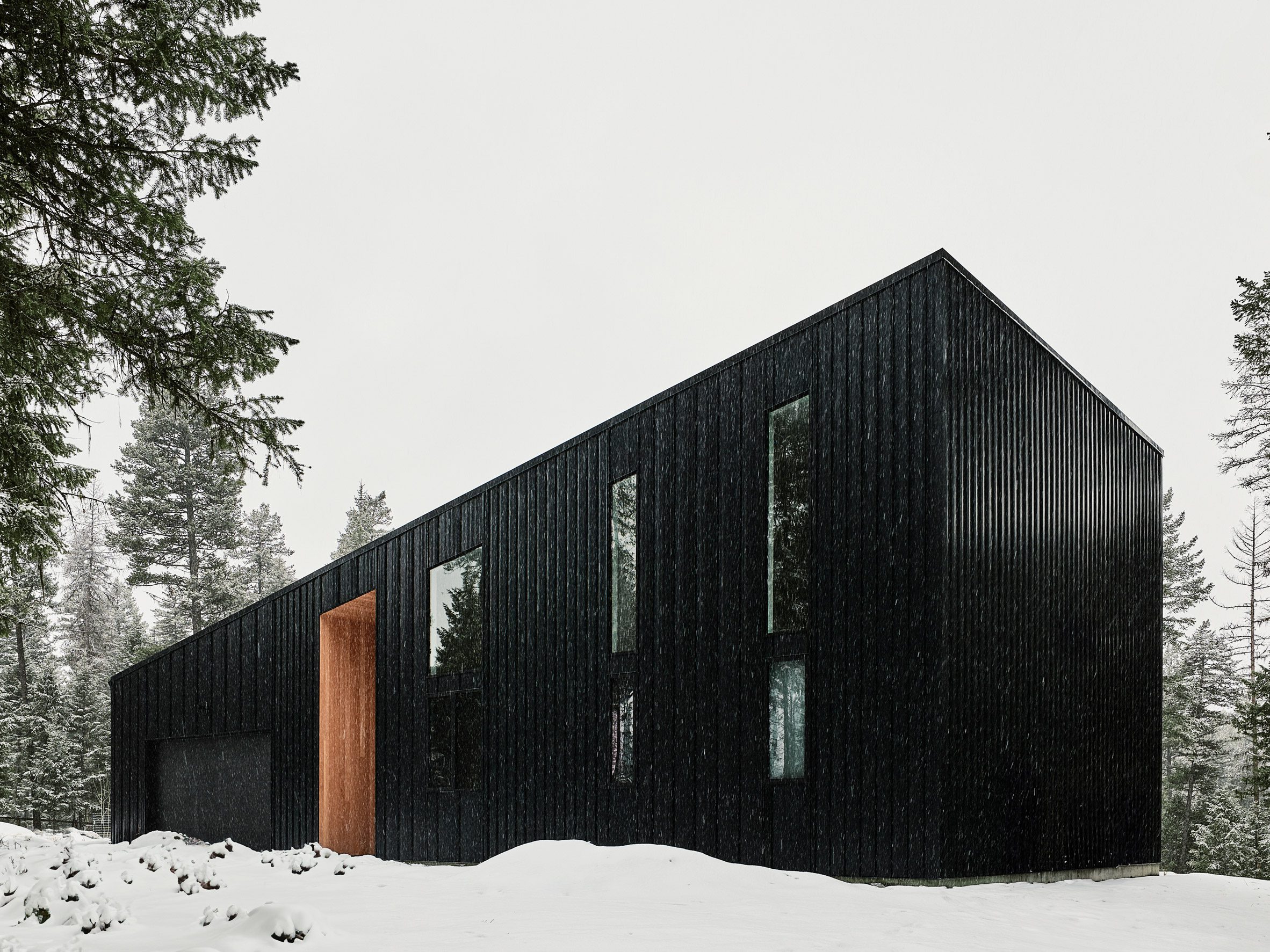 Black home seen through the trees with snowfall