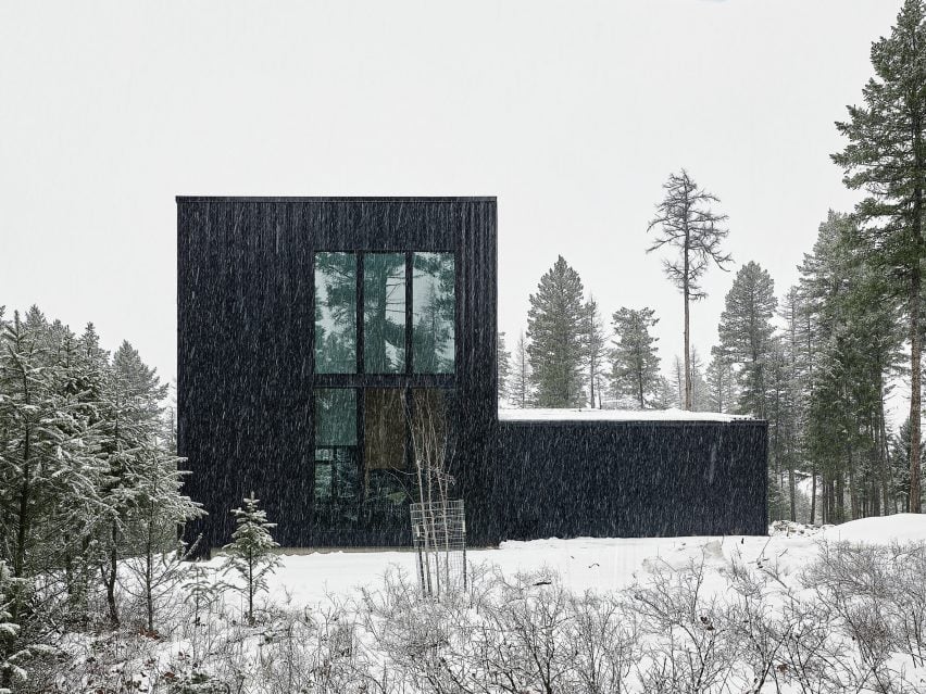 Black home seen through the trees with snowfall