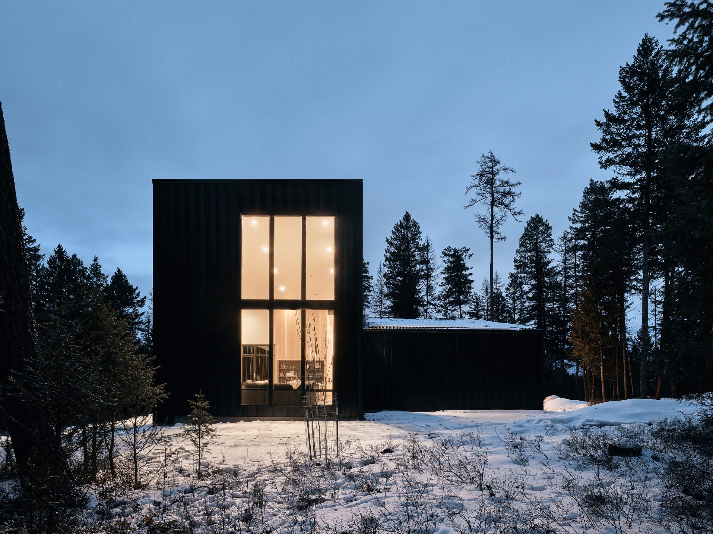 Black home seen through the trees with snowfall at night