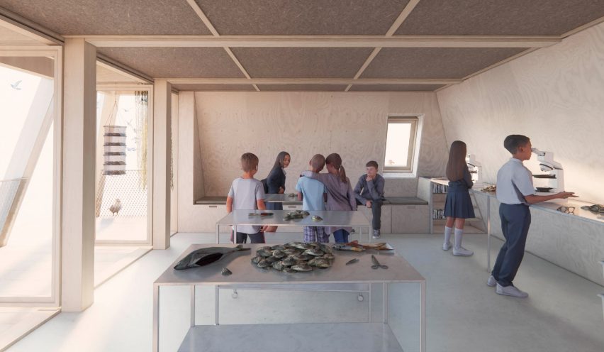 Render of the classroom at Sømærket by EFFEKT and MAST