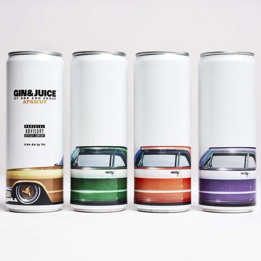 Four beverage cans designed by Ini Archibong for Dr Dre and Snoop Dogg's company Gin & Juice