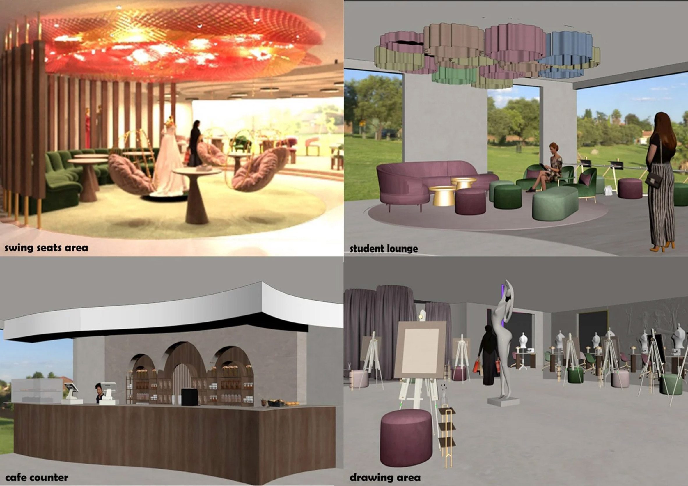 Four visualisations of a space which serves as a fashion hub, in tones of grey, brown, blue, pink, green and orange.