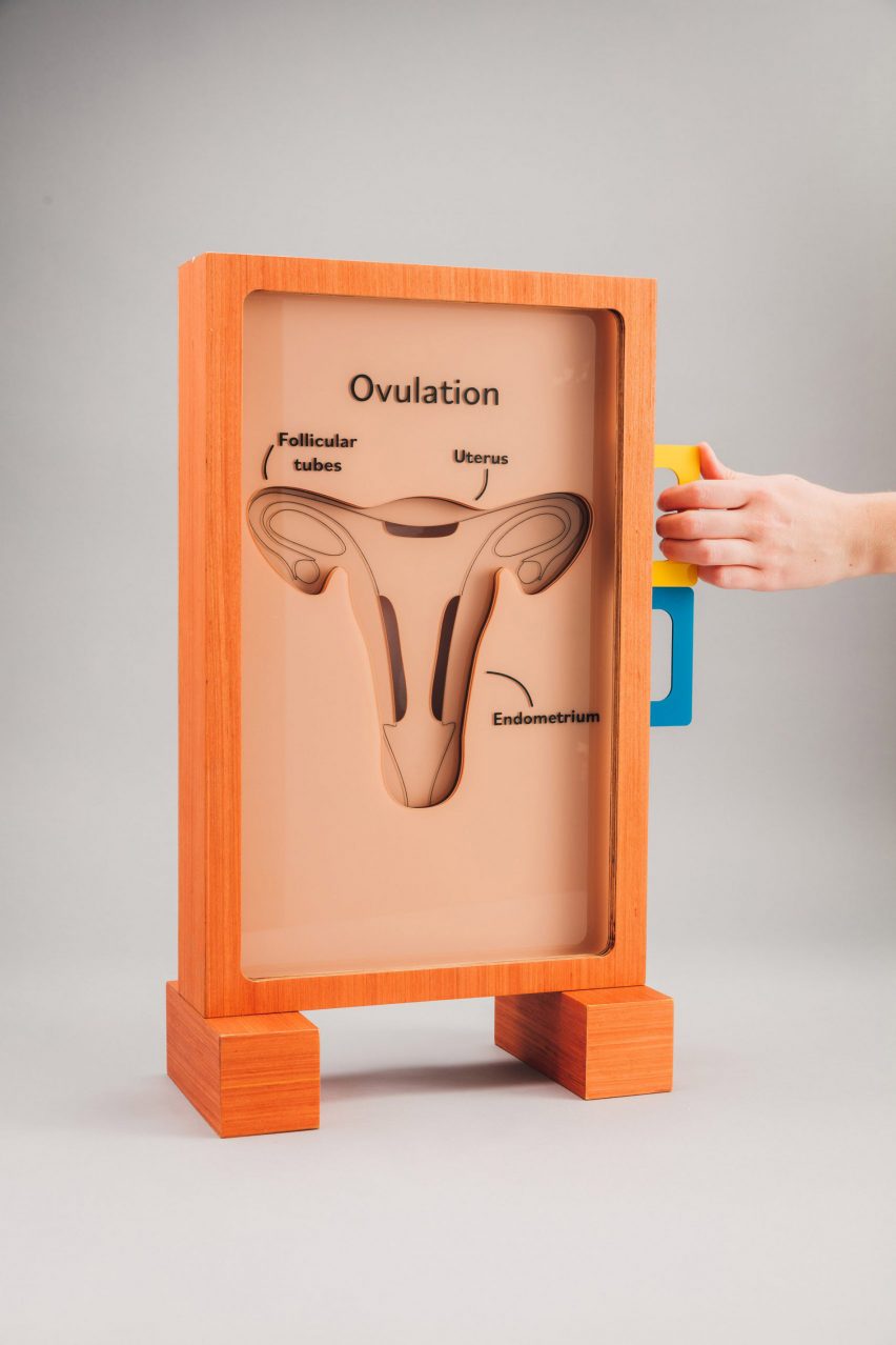 A photograph of a learning tool about menstrual cycles which takes form as a brown wooden frame with yellow and blue handles.