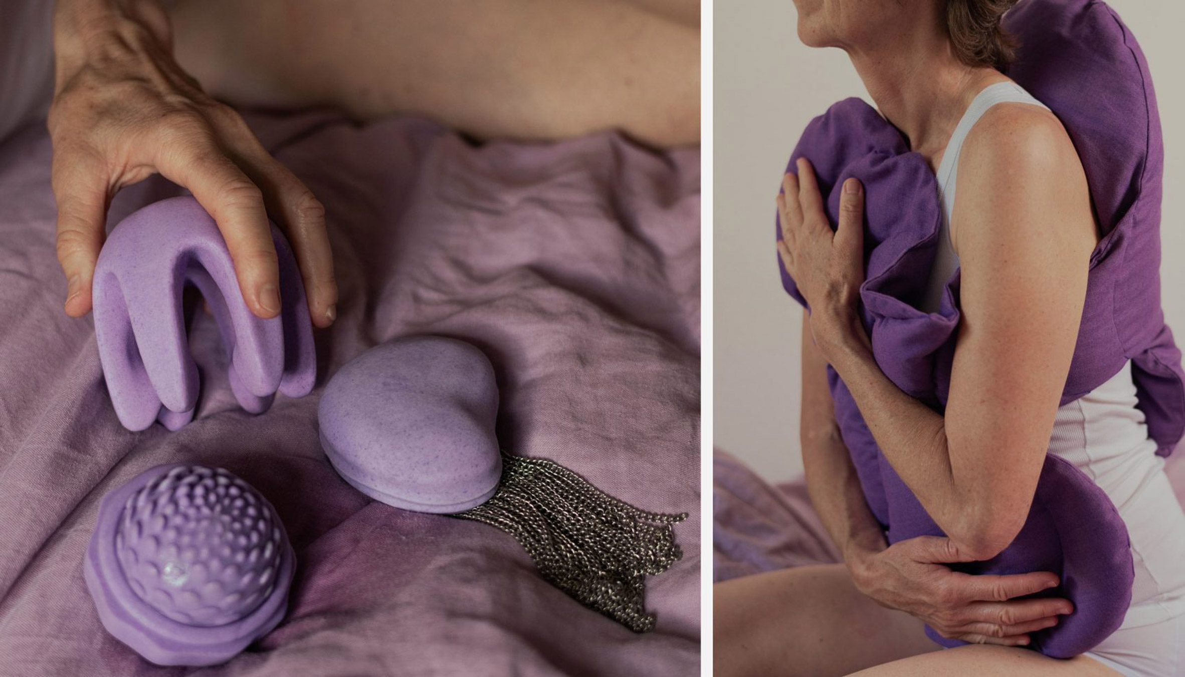 Two photographs beside one another; one displaying a series of sex toys for older women in tones of purple and another displaying a person holding a purple cushion to their body.