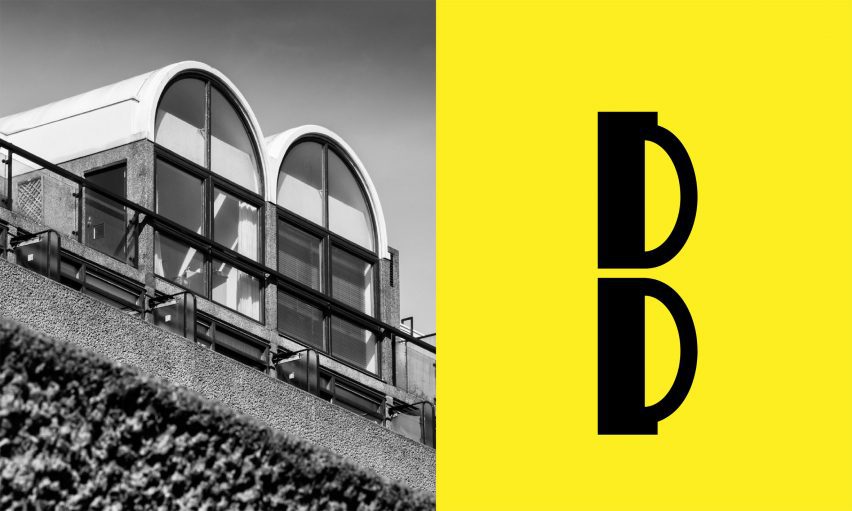 A black and white photograph of a brutalist building displayed beside a letter 'b' in black, against a yellow backdrop.