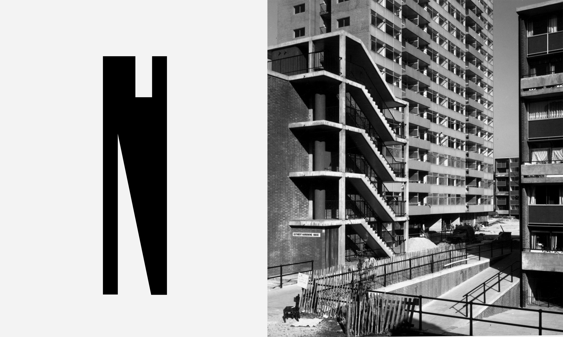 An image displaying the letter 'N' in a custom black typeface, against a white background, next to a black and white photograph of the barbican estate.