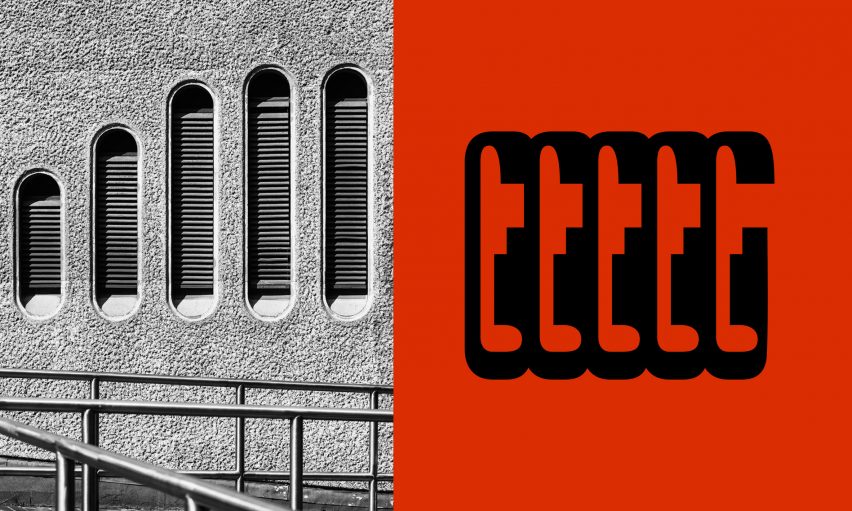 An image displaying a series of the letter 'f' in black, in a custom typeface, against a red background. Beside it is a black and white photograph of brutalist architecture details.