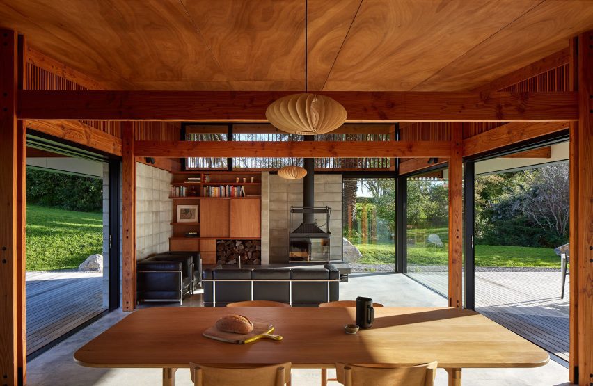 Dining space within The Lookout house in New Zealand