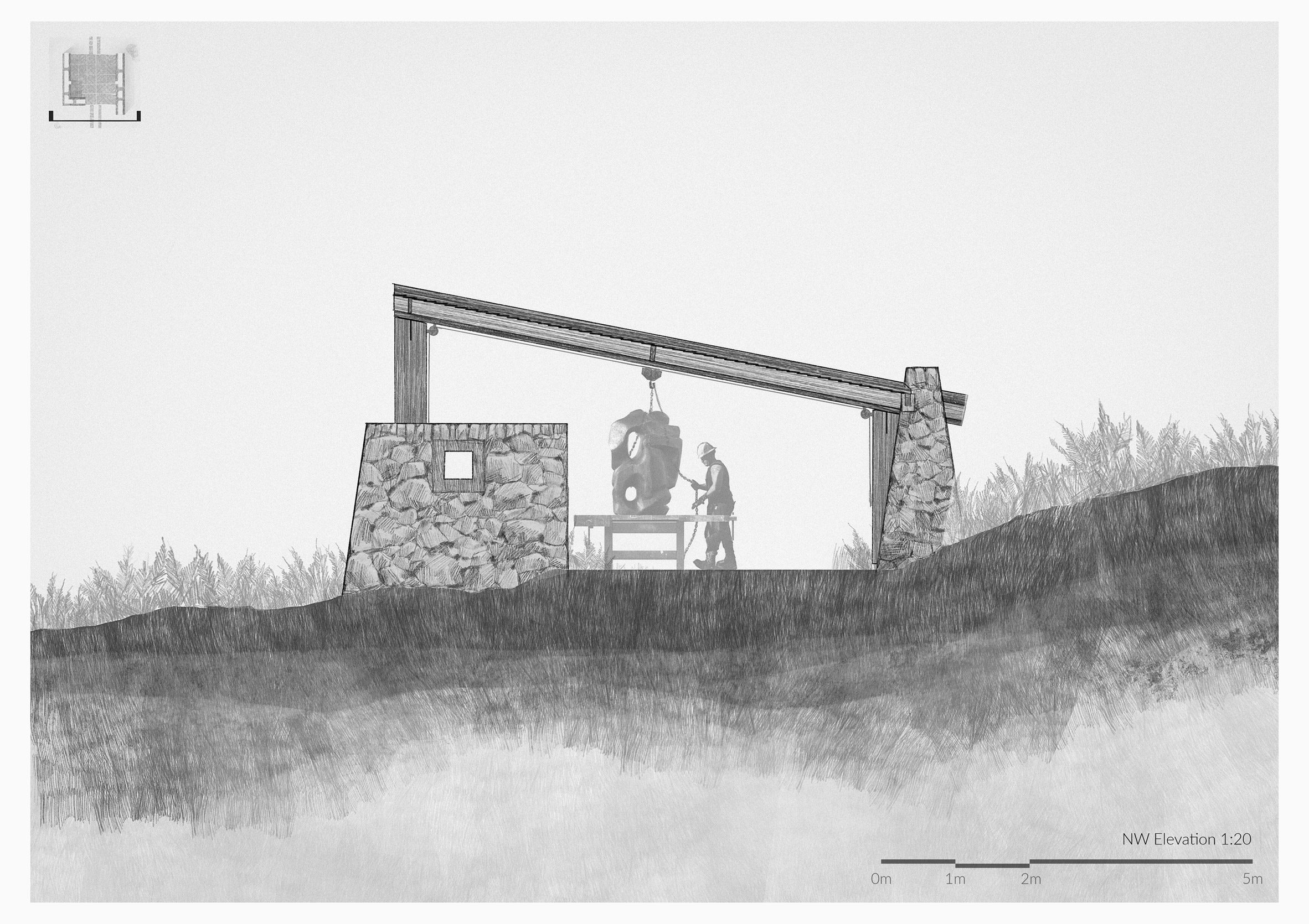 Visualisation of a sculptor studio in tones of black and white.