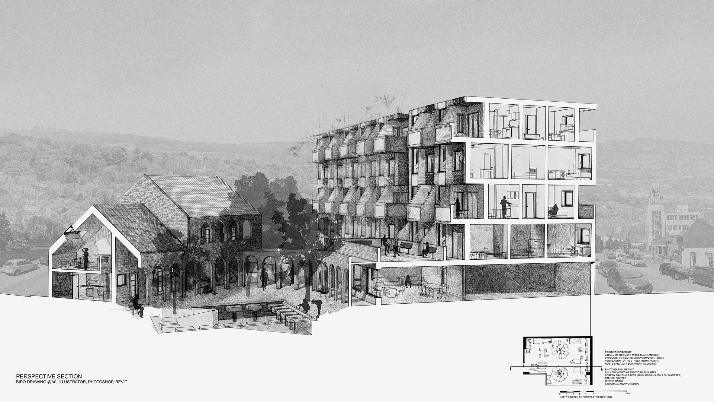 Visualisation of a social housing project in tones of black and white.