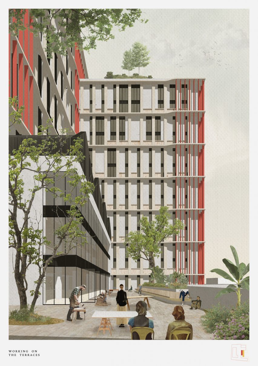 Visualisation of an art school campus in tones of beige, red and green, with people interacting with the space.