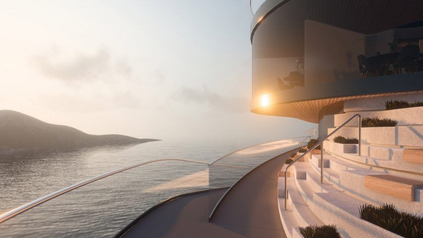 Rendering of the tiered seating on the Viewpoint sightseeing boat in close-up