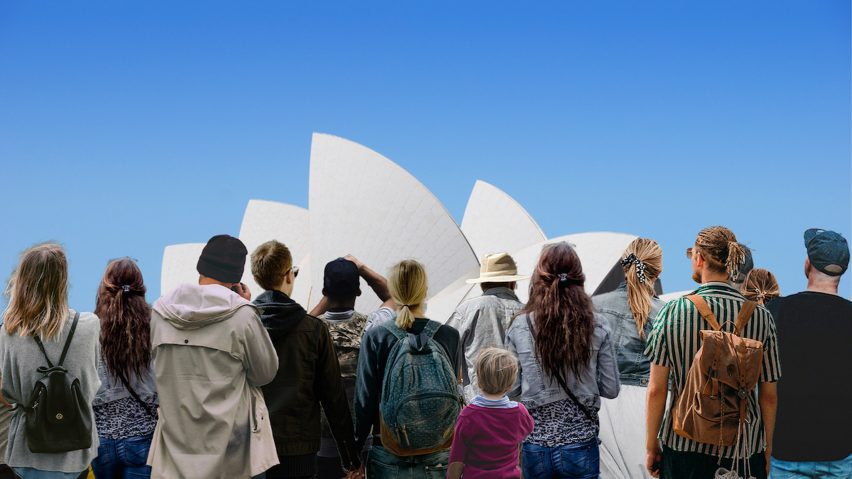 Collage image showing a crowd of people blocking the view of the Sydney Harbour Bridge