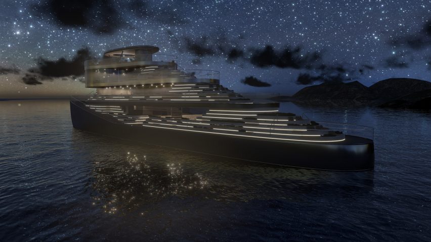 Rendering of the a medium-sized ship with multiple decks lit up at night by PULI Innovation