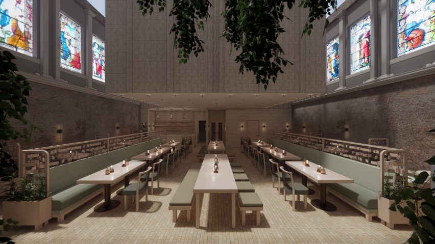 A visualisation of a cafe in tones of brown and green with stained glass windows.