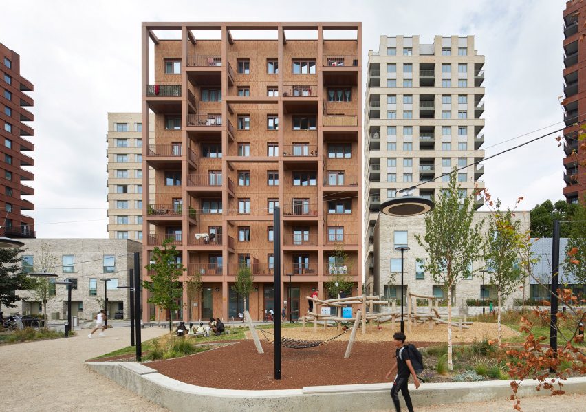 Exterior view of East London apartment building by White Arkitekter