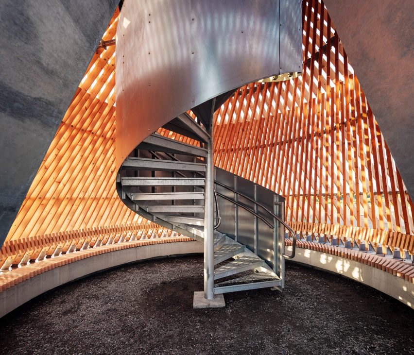 Spiral staircase within viewing point by White Arkitekter