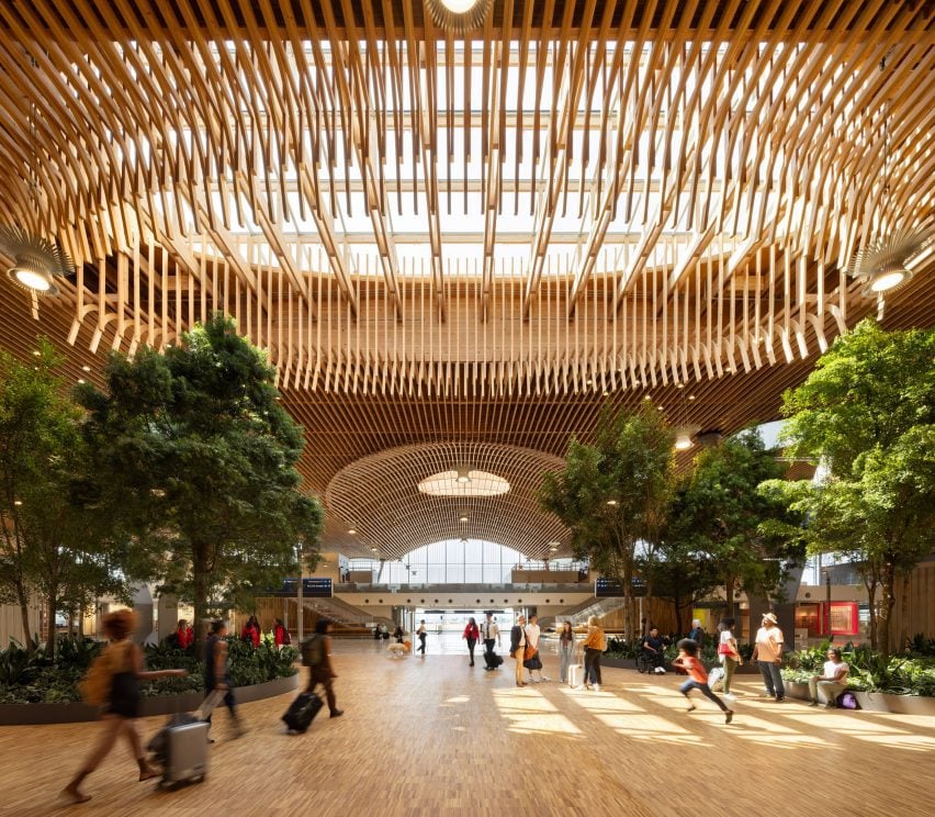 Slatted wooden roof on top of airport terminal