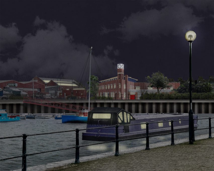 A visualisation of a dock at night, with a building behind it that has been repurposed into a centre for creative learning. 