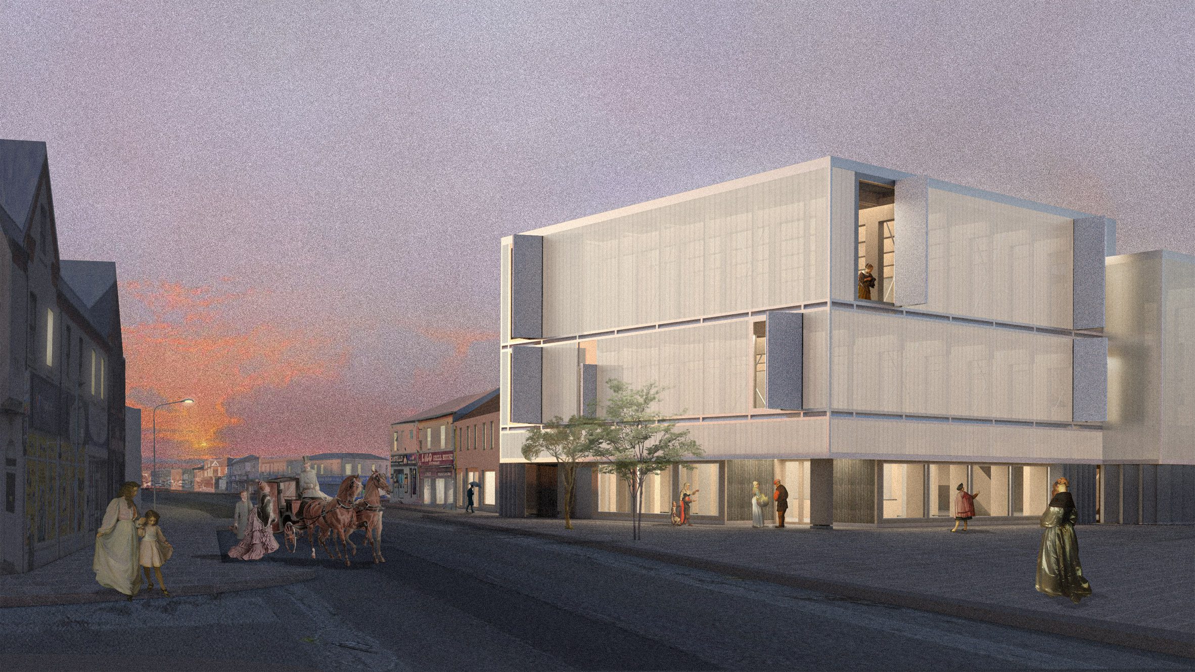 An visualisation of an arts centre in tones of white and grey, against a sunsetting sky in tones of purple and orange. There are people on the street walking in front and around it. 