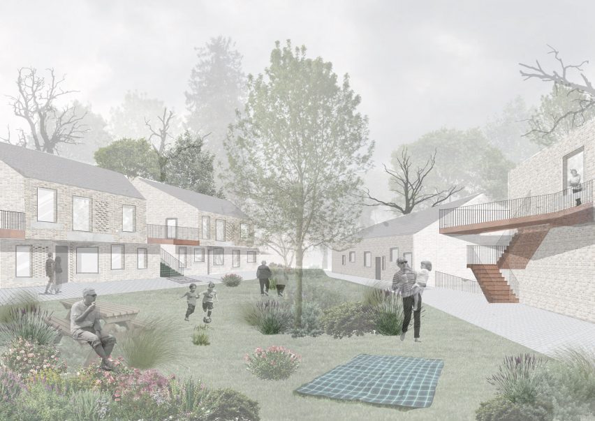 A visualisation of a co-housing proposal in tones of brown, with people in its exterior space, which features a green space and trees.