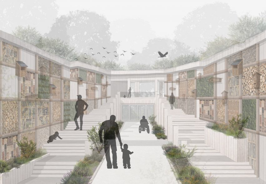 A visualisation of a community centre in tones of brown, white and green, with figures interacting with the space.