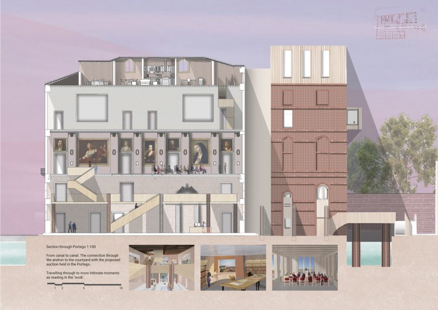 A visualisation of a building to be used as a base for the UN in Venice, detailing room and floor plans. The building is in tones of brown and grey, against a purple sky. There is black text below.