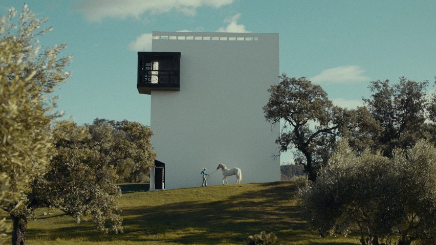 Photo of a horse in front of a building