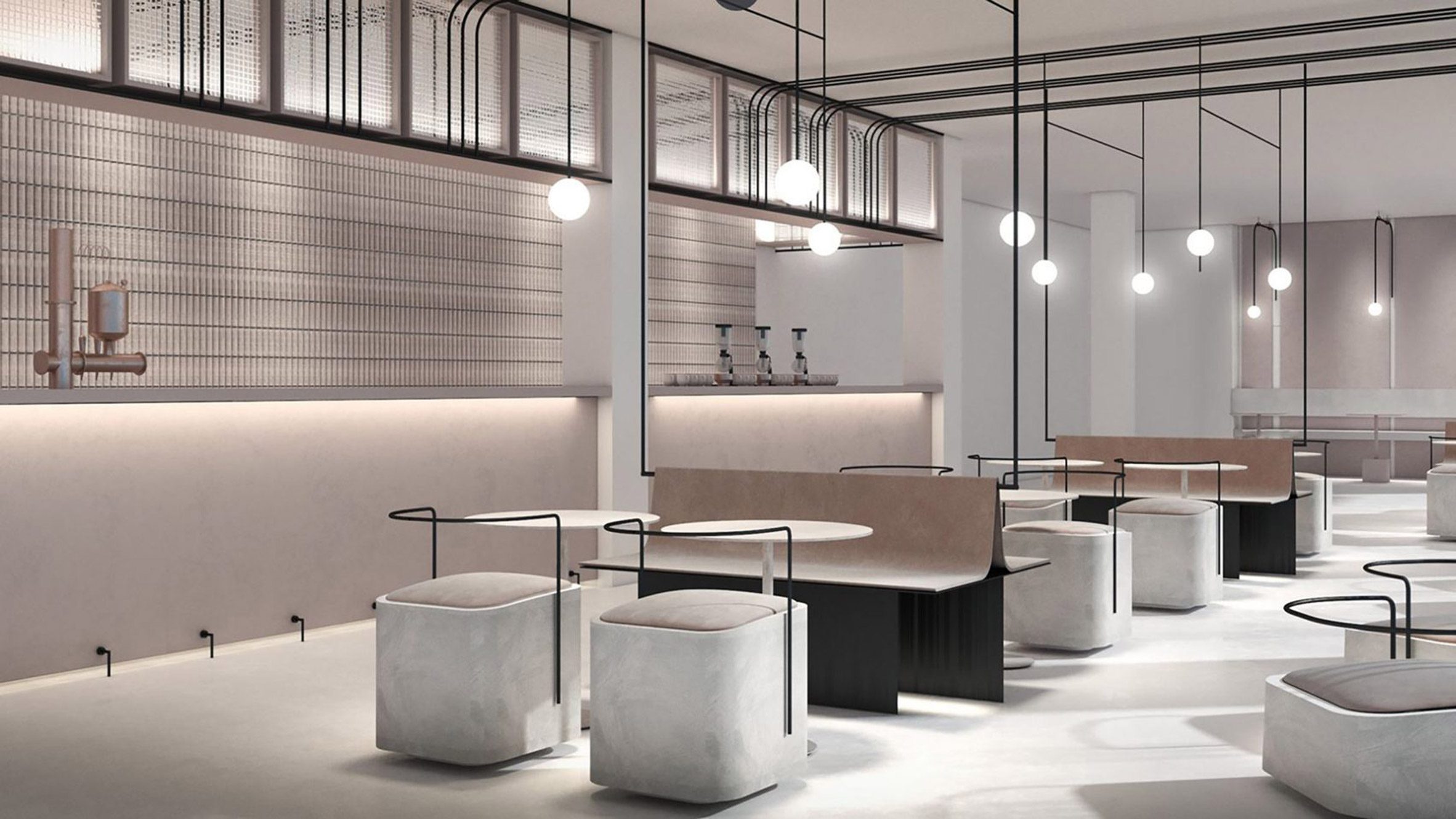 A monochrome commercial interior with tables and chairs for a restaurant or possible communal workspace.