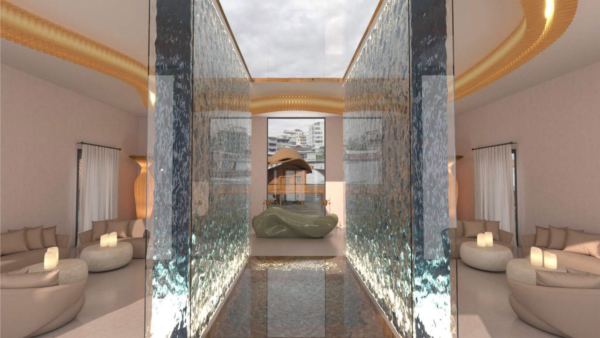 A modern commercial interior with a water feature in the middle.